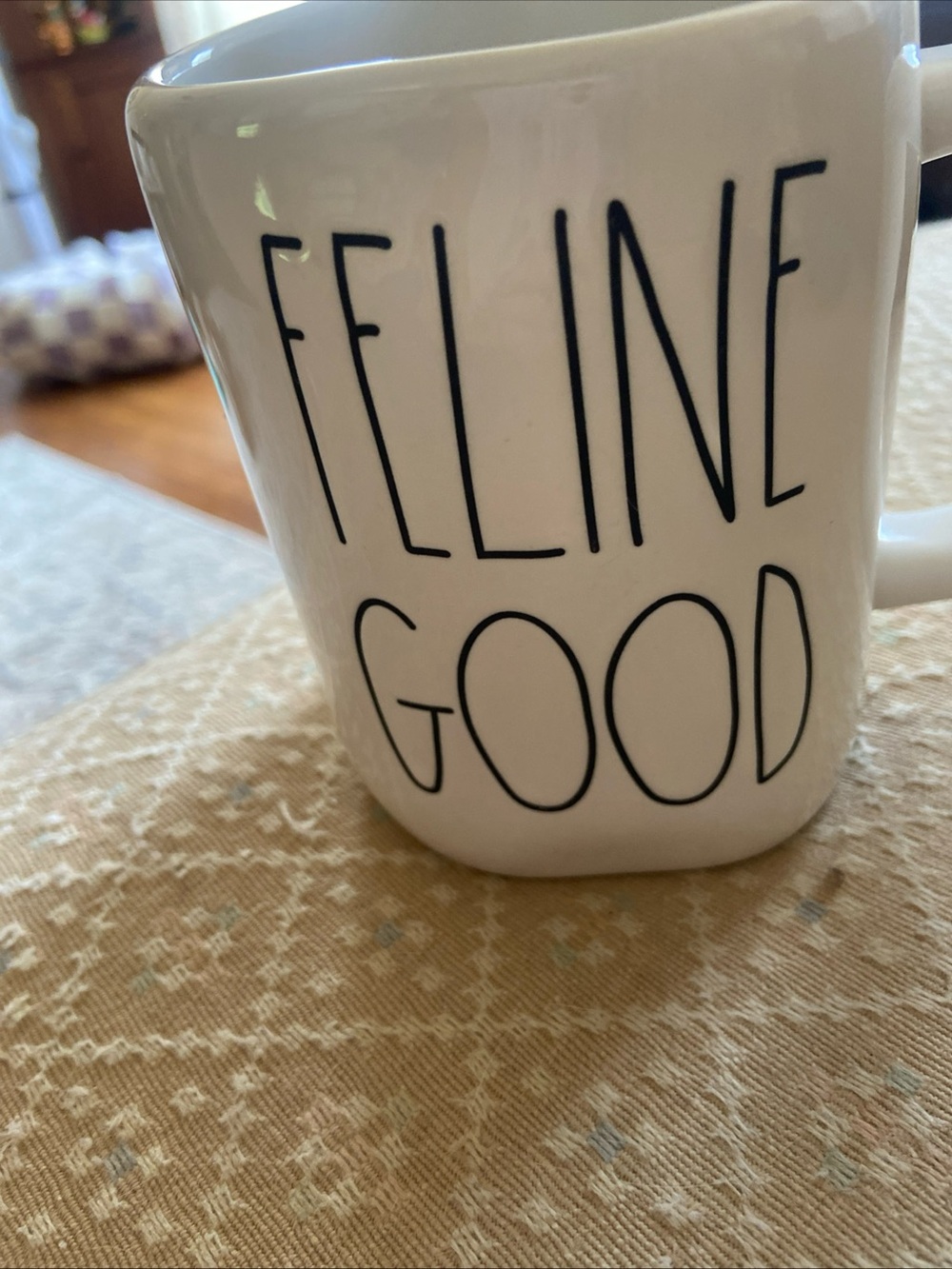 Rae Dunn White Mug with Black "FELINE GOOD" Lettering